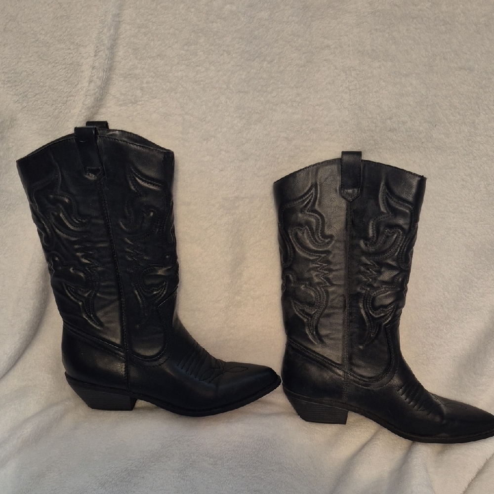 Black Western Leather Mid-Calf Cowboy Boots - Women
